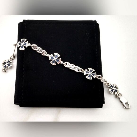 Sterling Silver 925 Maltese Cross Blue Enamel Bracelet Vintage - Picture 7 of 14